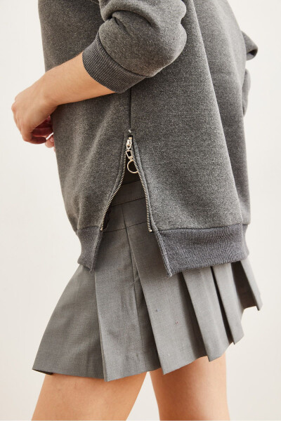 Kadın Antrasit Yanları Fermuar Detaylı İçi Polarlı Kalın Sweatshirt SWT-19000624 - Antrasit - 6