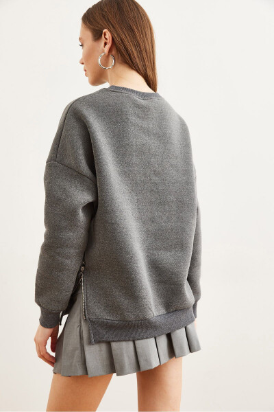 Kadın Antrasit Yanları Fermuar Detaylı İçi Polarlı Kalın Sweatshirt SWT-19000624 - Antrasit - 7