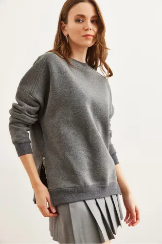 Kadın Antrasit Yanları Fermuar Detaylı İçi Polarlı Kalın Sweatshirt SWT-19000624 - Antrasit - 3