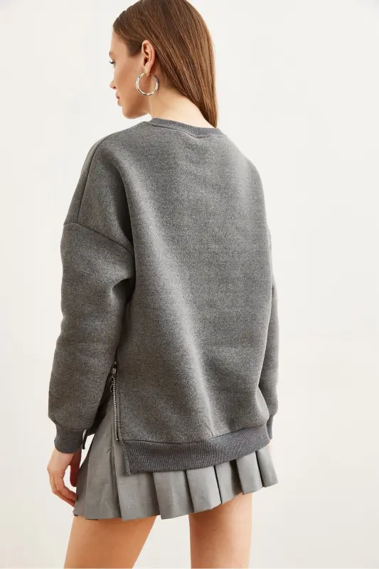 Kadın Antrasit Yanları Fermuar Detaylı İçi Polarlı Kalın Sweatshirt SWT-19000624 - Antrasit - 7