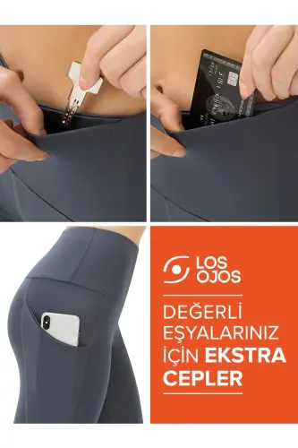 Kadın Antrasit Yüksek Bel Toparlayıcı Çift Cepli Spor Tayt Shades-Koyu Gri - 4