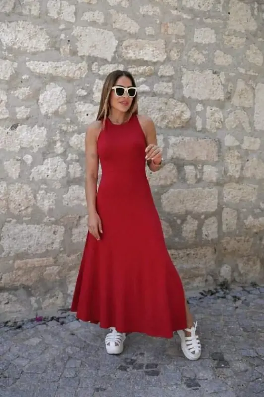 Kadın Arkadan çapraz Detay Yuvarlak Yaka Maksi Viskon Elbise - 1