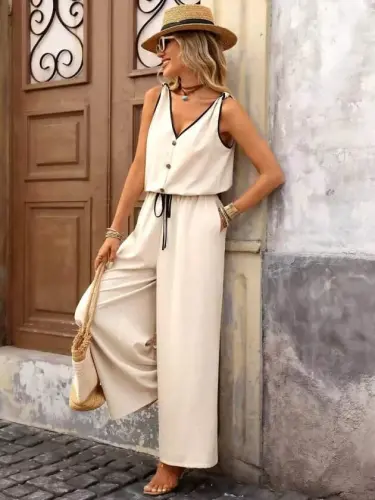 Kadın Askıdan Bağlamalı V Yakalı Belden Süs Bağcıklı Tulum - 1