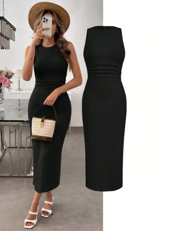 Kadın Askılı Bisiklet Yaka Beli Büzgülü Uzun Bürümcük Elbise - BÜYÜKBEDENIZ