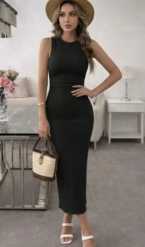 Kadın Askılı Bisiklet Yaka Beli Büzgülü Uzun Bürümcük Elbise - 3