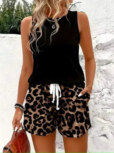 Kadın Askılı Bisiklet Yaka Viskon Atlet Ve Leopar Desenli Iki Iplik şort Ikili Takım - 3