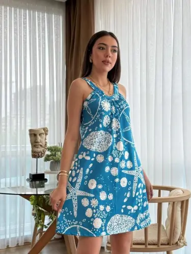 Kadın Askılı Deniz Yıldızı Desenli Süprem Elbise - BÜYÜKBEDENIZ (1)