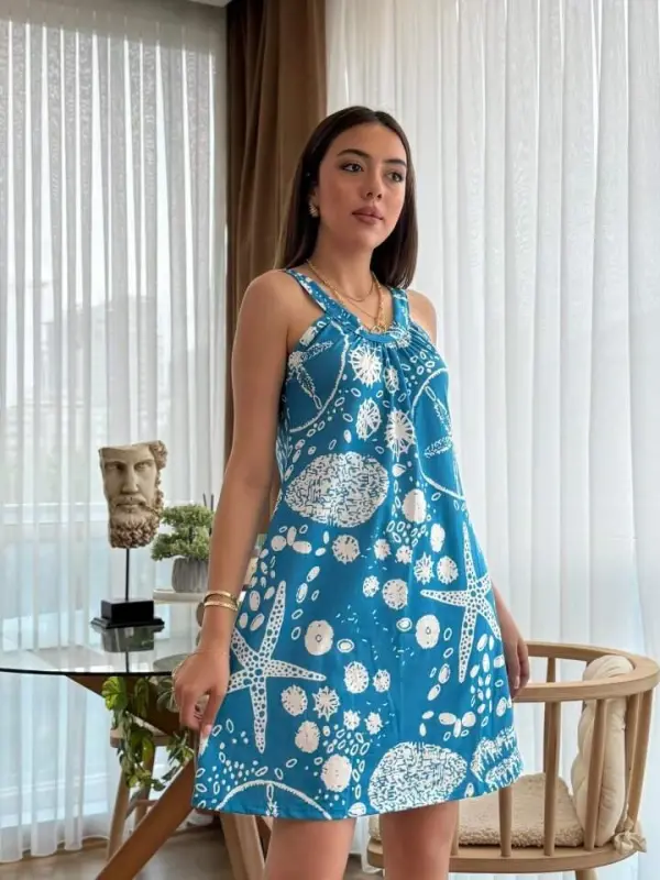 Kadın Askılı Deniz Yıldızı Desenli Süprem Elbise - 2