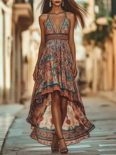 Kadın Askılı Derin Göğüs Detaylı Asimetrik Detaylı Süprem Elbise - 1