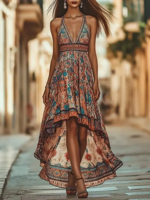 Kadın Askılı Derin Göğüs Detaylı Asimetrik Detaylı Süprem Elbise - 1