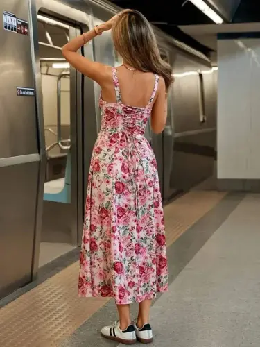 Kadın Askılı Geniş V Yakalı Sırttan Bağlamalı Yırtmaçlı Süprem Elbise - 3