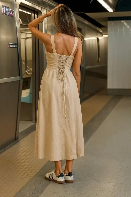 Kadın Askılı Geniş V Yakalı Sırttan Bağlamalı Yırtmaçlı Süprem Elbise - 2