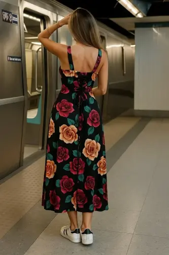 Kadın Askılı Geniş V Yakalı Sırttan Bağlamalı Yırtmaçlı Süprem Elbise - BÜYÜKBEDENIZ (1)