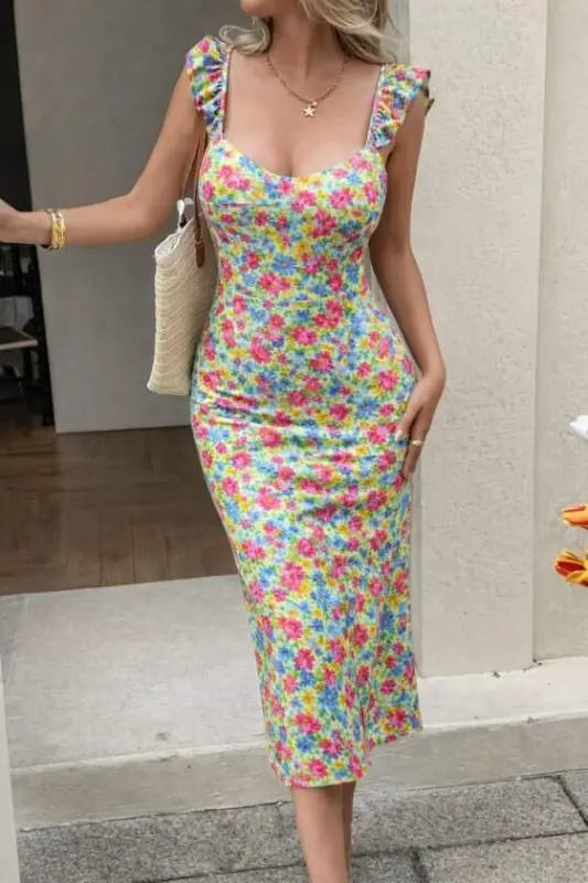 Kadın Askılı Göğüs Dekolteli Yırtmaçlı Desenli Midi Dalgıç Elbise - 1