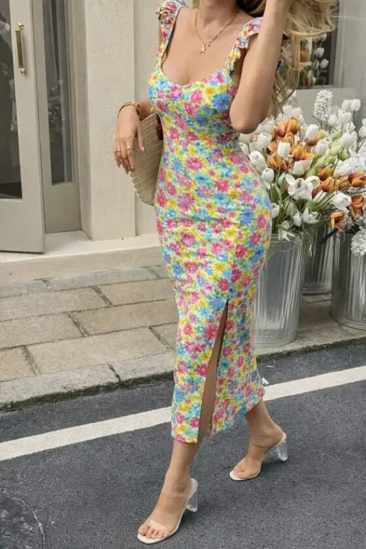 Kadın Askılı Göğüs Dekolteli Yırtmaçlı Desenli Midi Dalgıç Elbise - 2