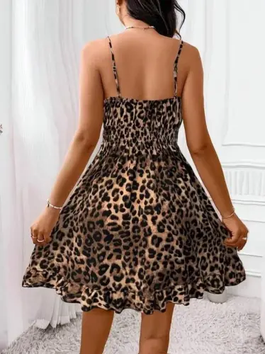Kadın Askılı Hafif Yuvarlak Yaka Bağcıklı Beli Lastikli Leopar Desenli Kısa Süprem Elbise - 3