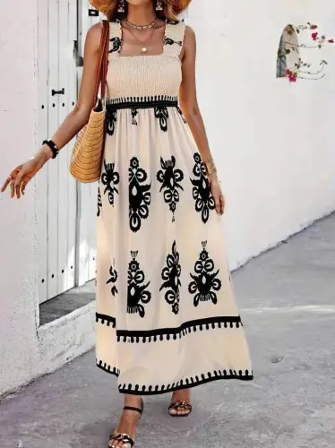 Kadın Askılı Kare Yaka Gipe Detaylı Desenli Suprem Elbise - 1