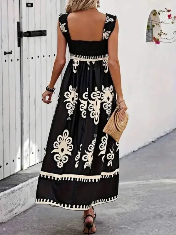 Kadın Askılı Kare Yaka Gipe Detaylı Desenli Suprem Elbise - 5