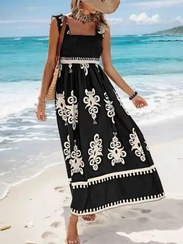 Kadın Askılı Kare Yaka Gipe Detaylı Desenli Suprem Elbise - BÜYÜKBEDENIZ (1)