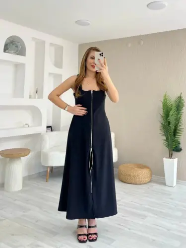 Kadın Askılı Kare Yaka önden Fermuarlı Geniş Kesim Janjan Krep Elbise - 3