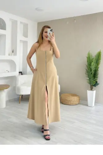 Kadın Askılı Kare Yaka önden Fermuarlı Geniş Kesim Janjan Krep Elbise - 3