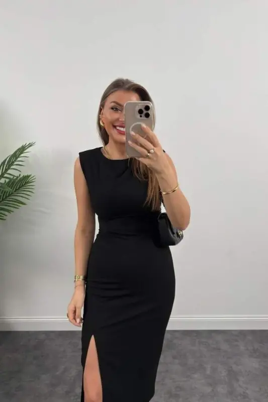 Kadın Askılı Kolsuz Belden Büzgülü Yırtmaçlı Midi Janjan Krep Elbise - 5