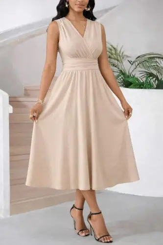 Kadın Askılı Kruvaze V Yakalı Beli Lastiklimidi Bürümcük Elbise - BÜYÜKBEDENIZ (1)