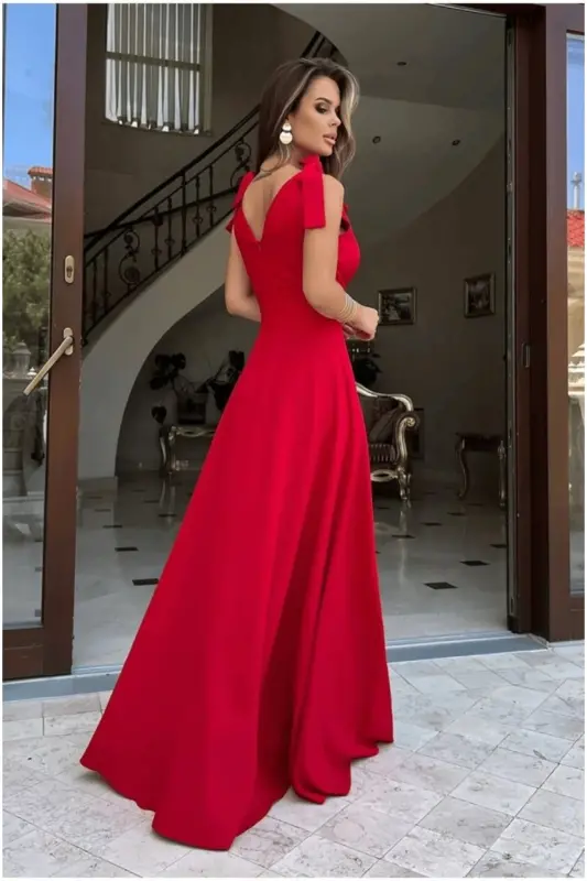 Kadın Askılı Kruvaze Yaka Uzun Yırtmaçlı Elbise, Özel Gün-Mezuniyet ve Gece Elbisesi-Kırmızı1 - 5