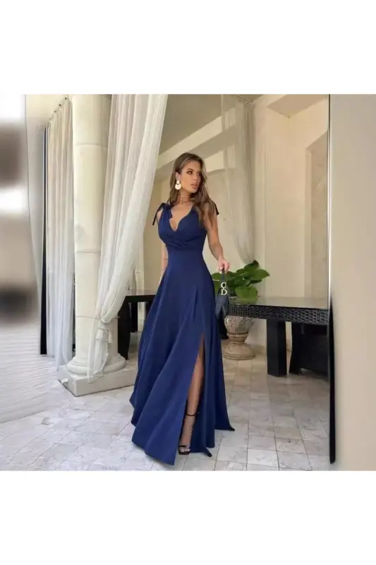 Kadın Askılı Kruvaze Yaka Uzun Yırtmaçlı Elbise, Özel Gün-Mezuniyet ve Gece Elbisesi - Lacivert11 - MADAM