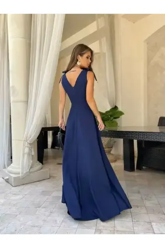 Kadın Askılı Kruvaze Yaka Uzun Yırtmaçlı Elbise, Özel Gün-Mezuniyet ve Gece Elbisesi - Lacivert11 - 3