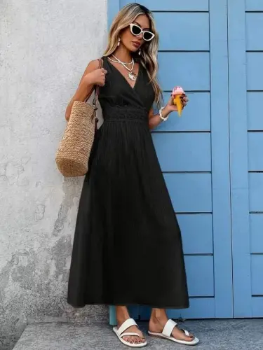 Kadın Askılı Kruvaze Yakalı Belden Dantelli Uzun Bürümcük Elbise - 3