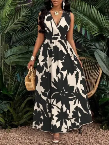 Kadın Askılı Kruvaze Yakalı çiçek Desenli Uzun Süprem Elbise - BÜYÜKBEDENIZ (1)