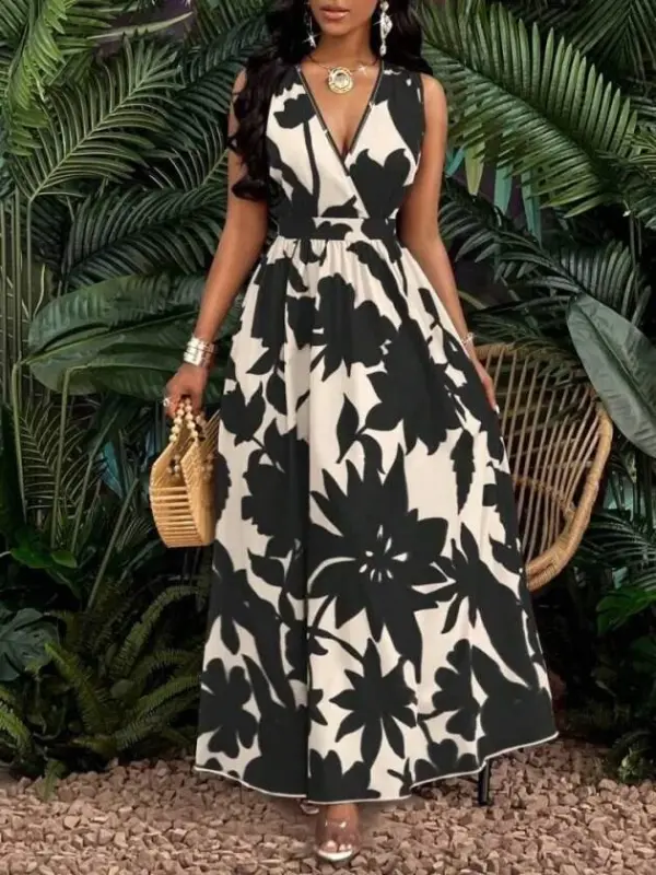 Kadın Askılı Kruvaze Yakalı çiçek Desenli Uzun Süprem Elbise - 2