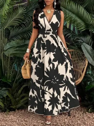 Kadın Askılı Kruvaze Yakalı çiçek Desenli Uzun Süprem Elbise - 3