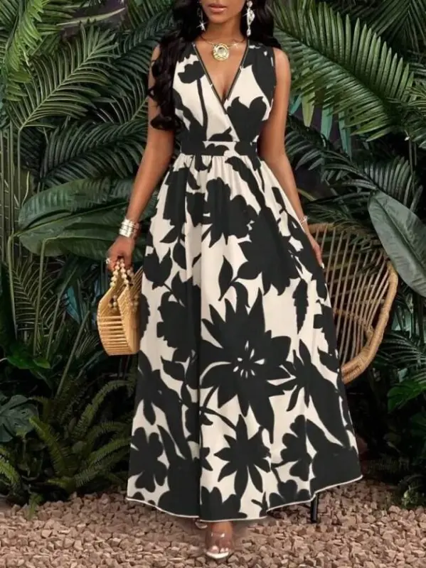 Kadın Askılı Kruvaze Yakalı çiçek Desenli Uzun Süprem Elbise - 3