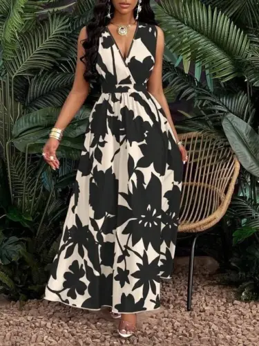 Kadın Askılı Kruvaze Yakalı çiçek Desenli Uzun Süprem Elbise - 4