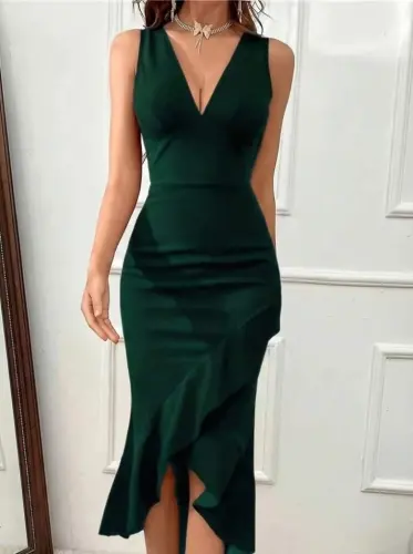 Kadın Askılı Kruvaze Yakalı önden Fırfırlı Uzun Ithal Krep Elbise - 1