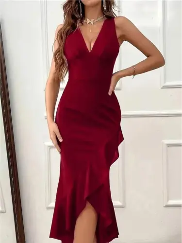 Kadın Askılı Kruvaze Yakalı önden Fırfırlı Uzun Ithal Krep Elbise - 1