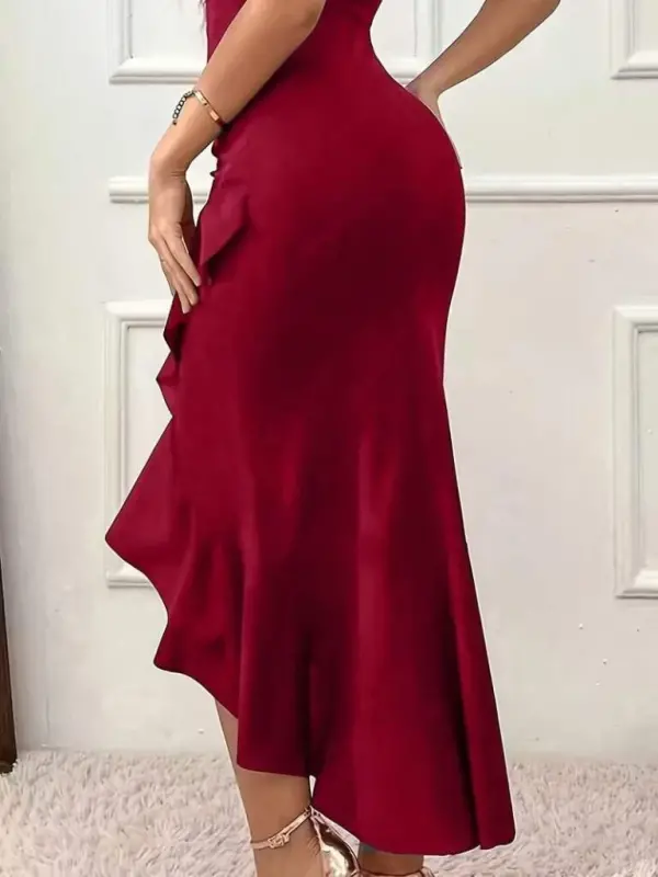 Kadın Askılı Kruvaze Yakalı önden Fırfırlı Uzun Ithal Krep Elbise - 4