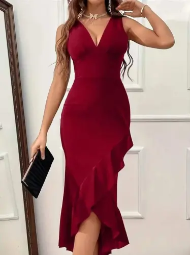 Kadın Askılı Kruvaze Yakalı önden Fırfırlı Uzun Ithal Krep Elbise - BÜYÜKBEDENIZ (1)