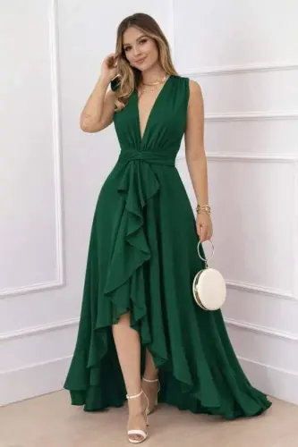 Kadın Askılı Kruvaze Yakalı önü Volanlı Uzun Krep Elbise - BÜYÜKBEDENIZ (1)