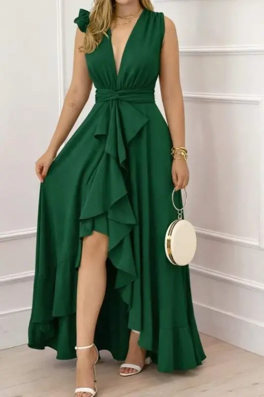 Kadın Askılı Kruvaze Yakalı önü Volanlı Uzun Krep Elbise - 1