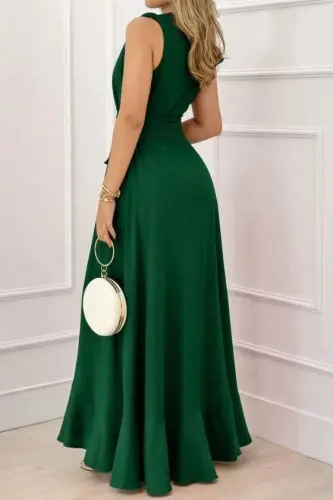 Kadın Askılı Kruvaze Yakalı önü Volanlı Uzun Krep Elbise - 3