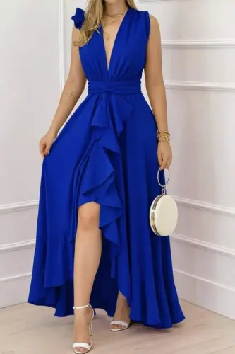 Kadın Askılı Kruvaze Yakalı önü Volanlı Uzun Krep Elbise - 1