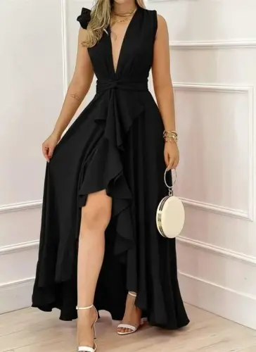 Kadın Askılı Kruvaze Yakalı önü Volanlı Uzun Krep Elbise - 1