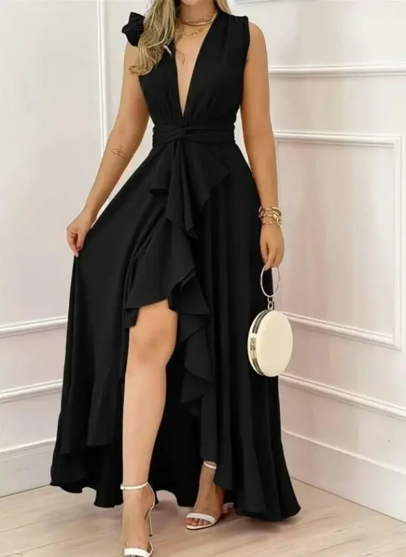 Kadın Askılı Kruvaze Yakalı önü Volanlı Uzun Krep Elbise - 1