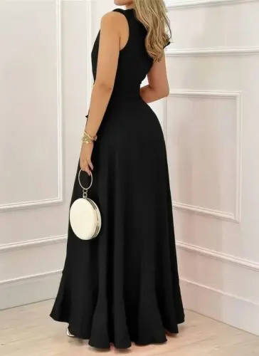 Kadın Askılı Kruvaze Yakalı önü Volanlı Uzun Krep Elbise - 3