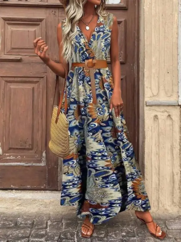 Kadın Askılı Kruvaze Yakalı Uzun Desenli Kemersiz Süprem Elbise - 4