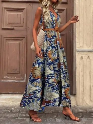 Kadın Askılı Kruvaze Yakalı Uzun Desenli Kemersiz Süprem Elbise - 5