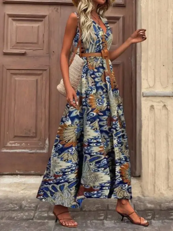 Kadın Askılı Kruvaze Yakalı Uzun Desenli Kemersiz Süprem Elbise - 5